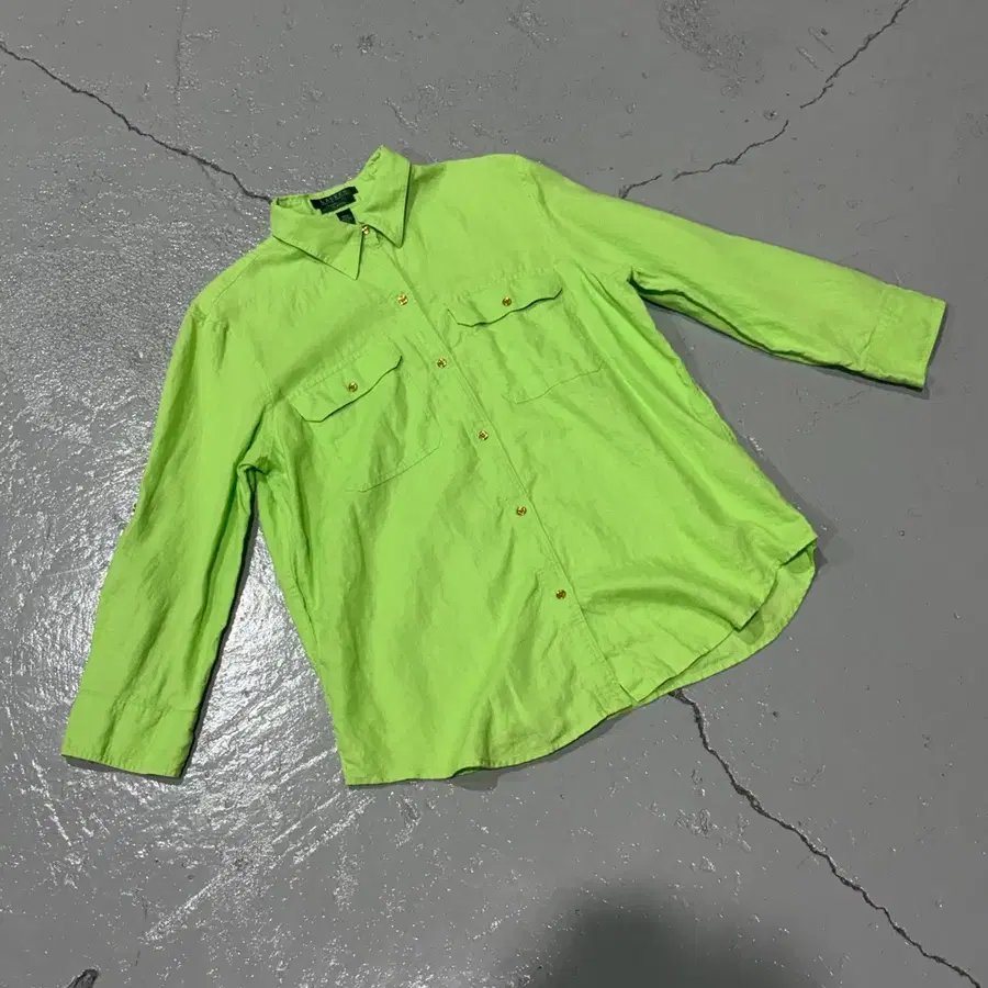 90s 로렌 랄프로렌 (Lauren Ralph Lauren) 네온 그린 투포켓 빈티지 린넨 셔츠