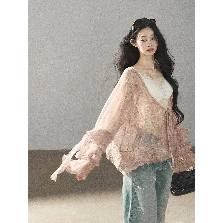 SHAOYEYAN 샤오예얀 프렌치 시폰 플레어 슬리브 커버업 블라우스