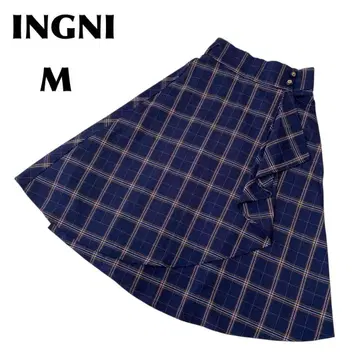 INGNI/잉그 [ M ] 네이비 체크 플레어 스커트 프릴 허리밴딩