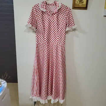 도트 무늬 프릴 롱 원피스 화이트 레드 레트로 빈티지