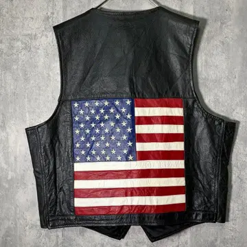 USA 성조기 가죽 베스트 천연 가죽 블랙 3XL