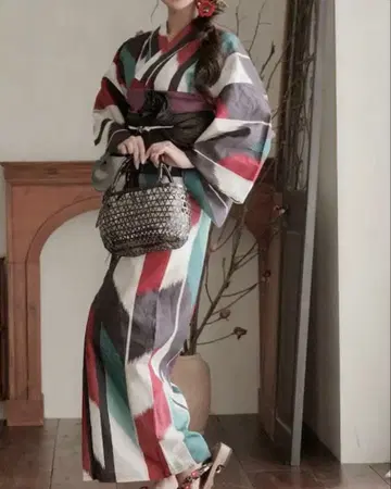 [완판템.새상품급] 유카타 오비 세트 화살무늬풍 기하학 패턴
