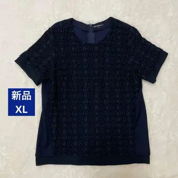 23구 블라우스 반팔 네이비 44 LL XL 레이스 꽃무늬 쉬폰