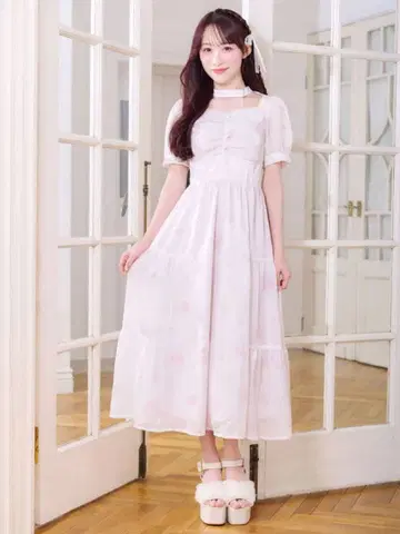 evelyn 초커 꽃무늬 롱 원피스 블루