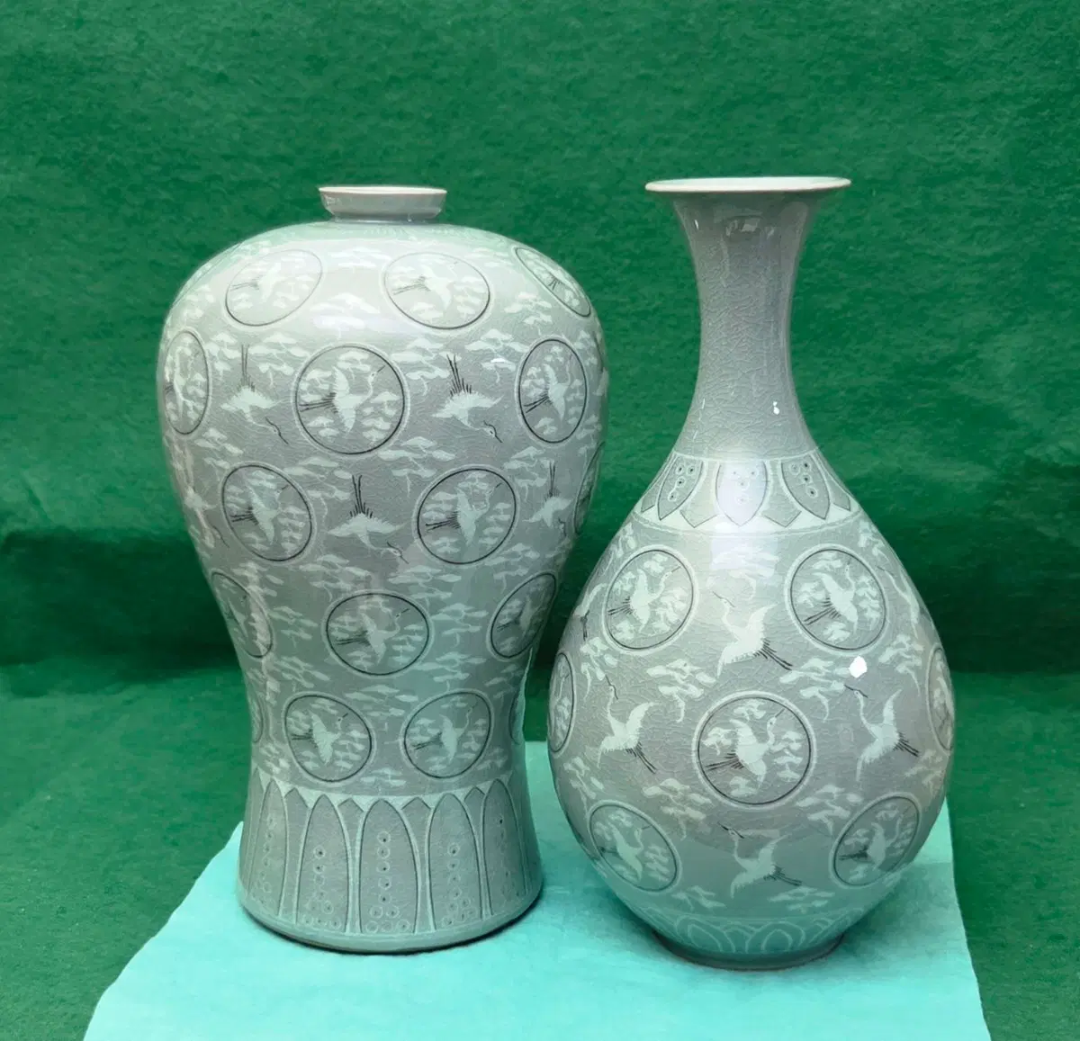 *명장/송월 김종호 도자기 상감청자 운학문 매병/주병 두점 세트(34.5cm)