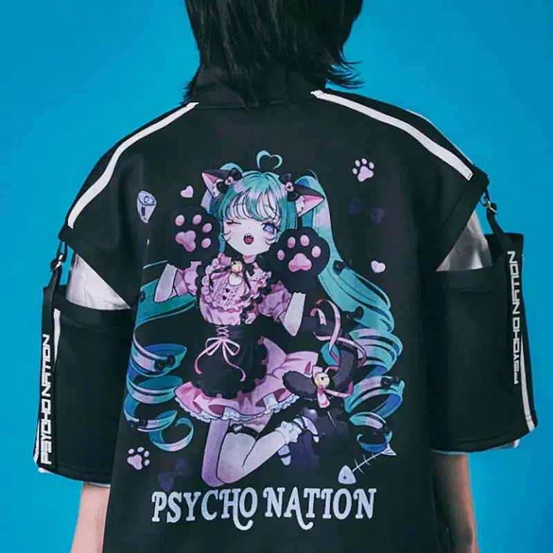 PSYCHO NATION 사이코 네이션 고양이 메이드 반팔 저지 재킷 블랙