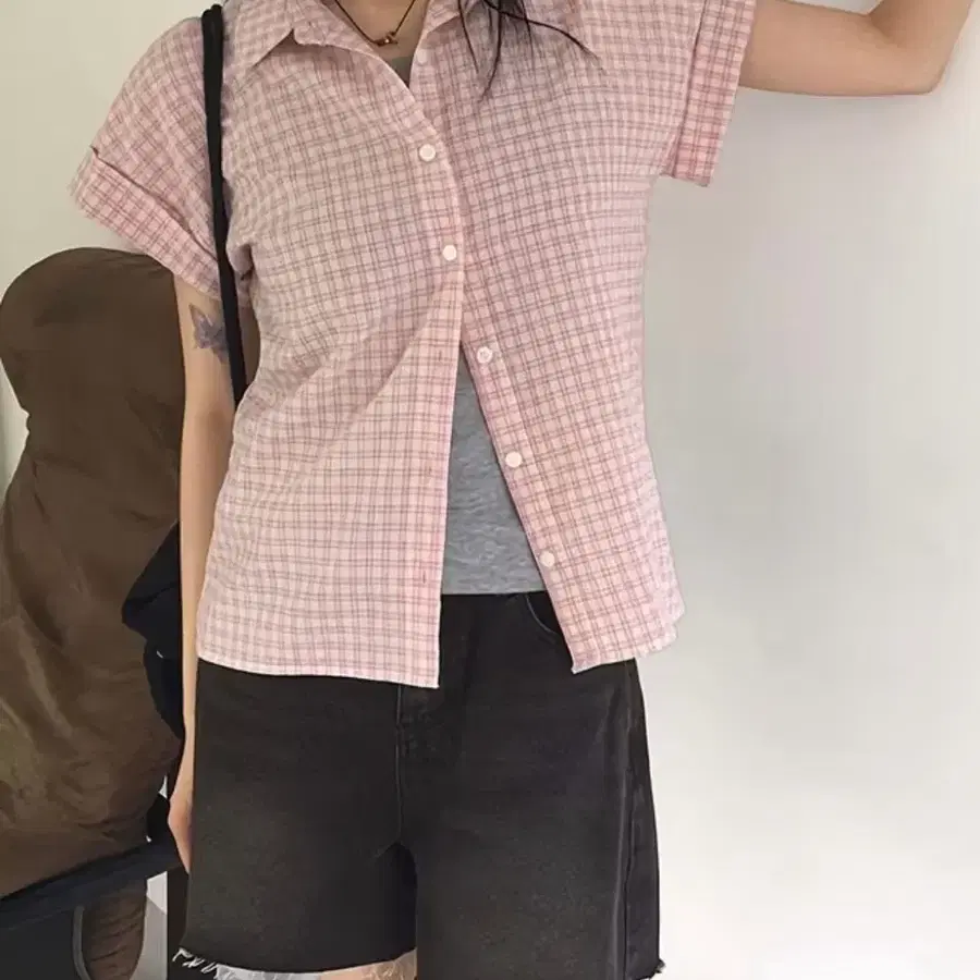 체크 반팔 셔츠 핑크