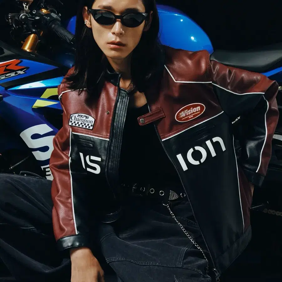 비전스트릿웨어 Faux Leather Racing Jacket Black 레더 레이싱 자켓 M