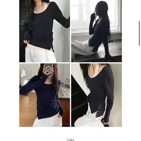 레터프롬문 여성 슬림 긴팔 티셔츠 네이비