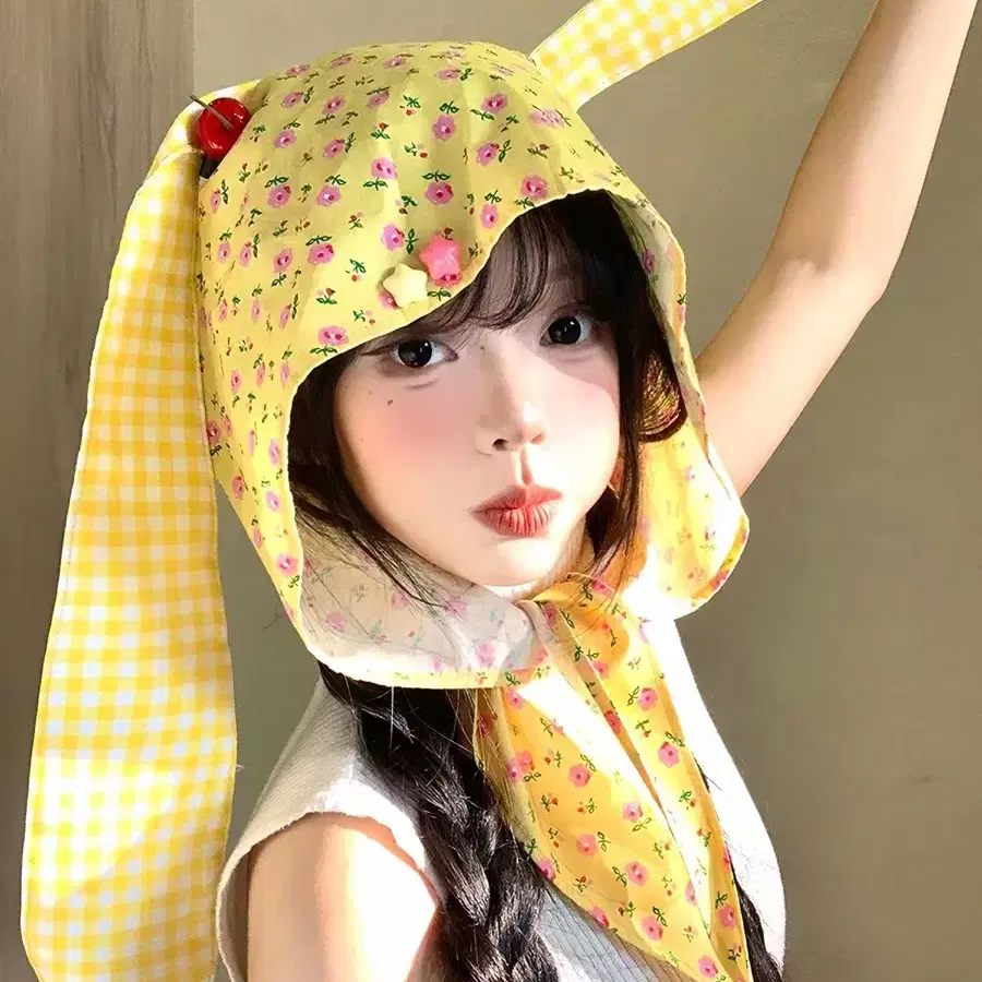 (현물) 토끼 귀 옐로우 플라워 모자 두건 노랑
