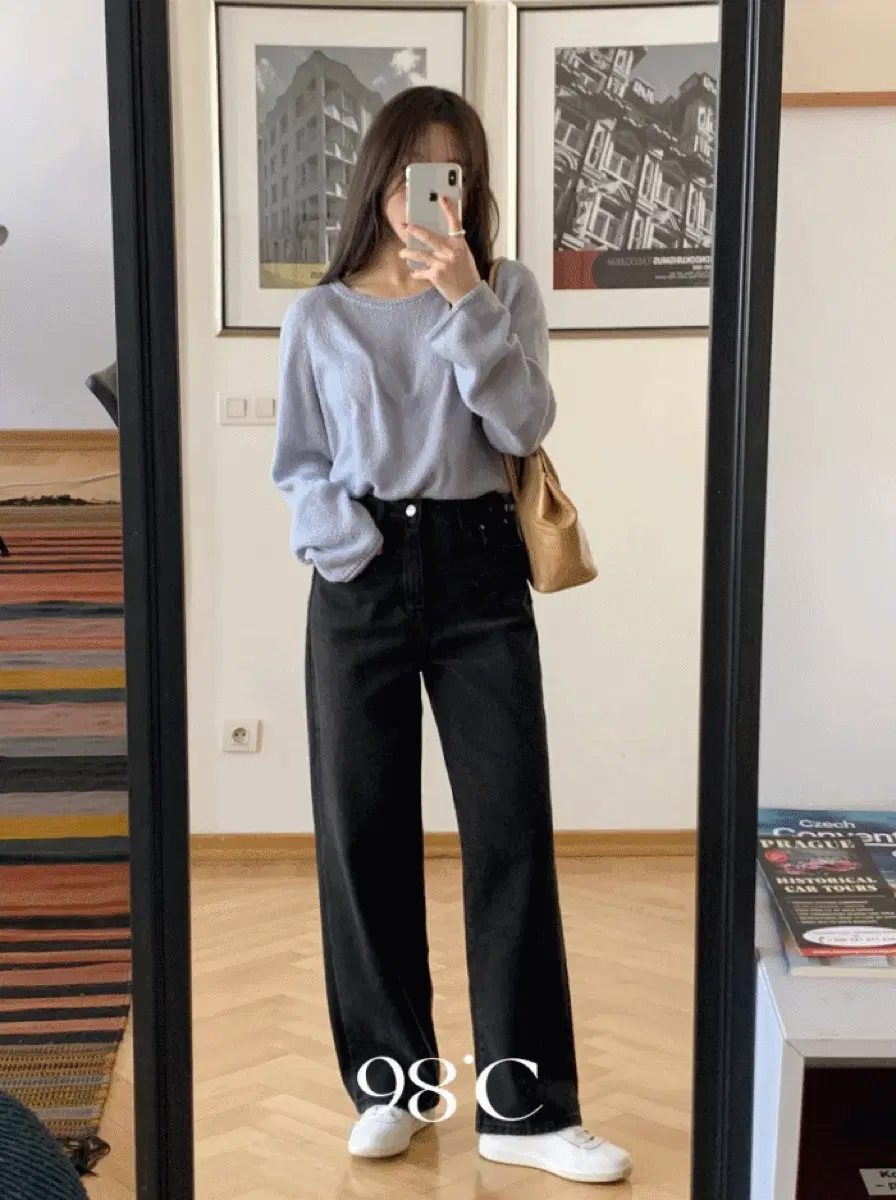 98도씨 오키 다크흑청 기모 와이드 데님 팬츠