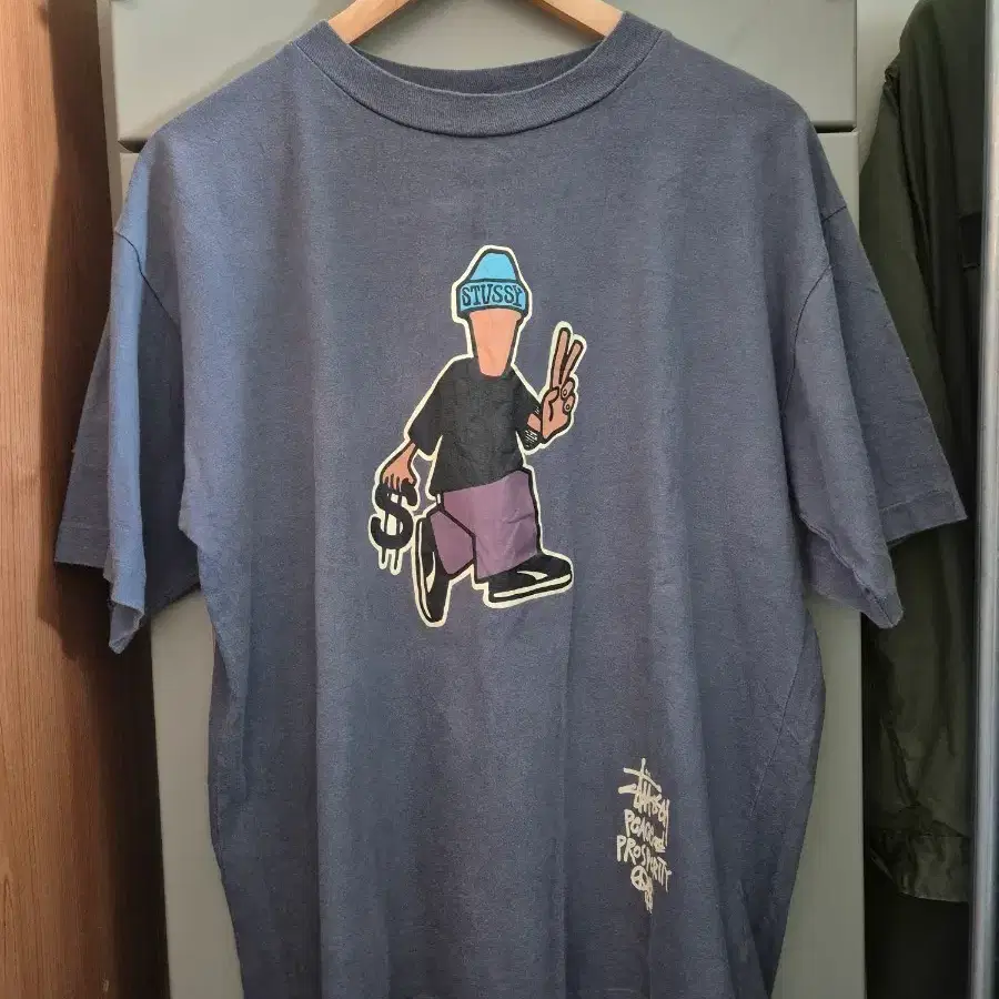 90s old stussy 스투시 피스 앤 프로스페리티 머니맨 티셔츠