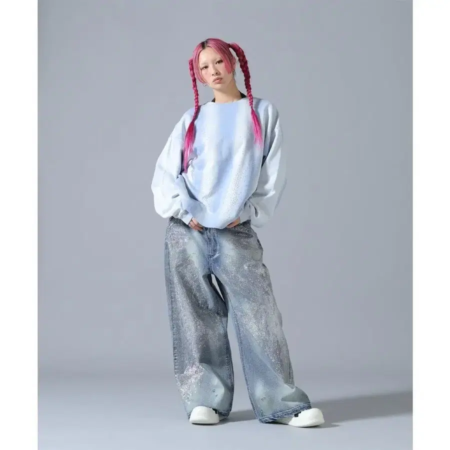 오버핏 워싱 데님 바지 펄 장식