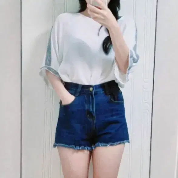 진청 데님 하이웨스트 숏팬츠
