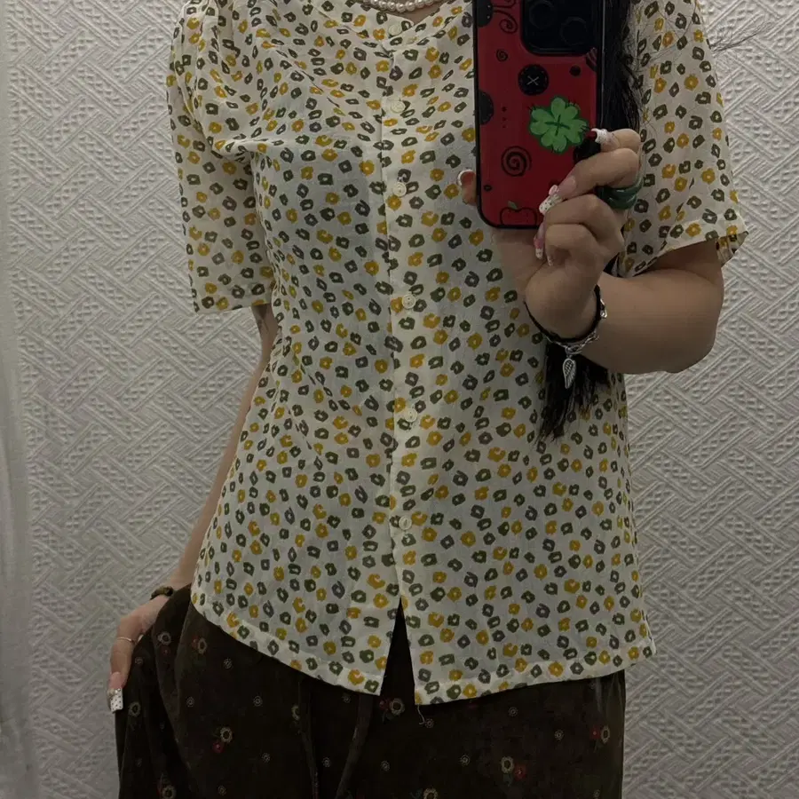 빈티지 재팬 컨트리 하구미 키치 플라워패턴 시어 반팔 셔츠 K0484