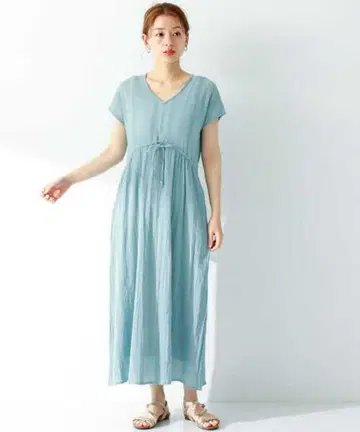 새상품 서니 라벨 양류 도비 개더 원피스 터콰이즈 블루