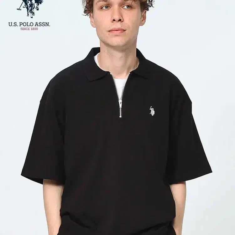 U.S. POLO ASSN. 유에스 폴로 어신 재팬 포인트 로고 자수 하프집업 반팔 폴로셔츠 블랙 LL