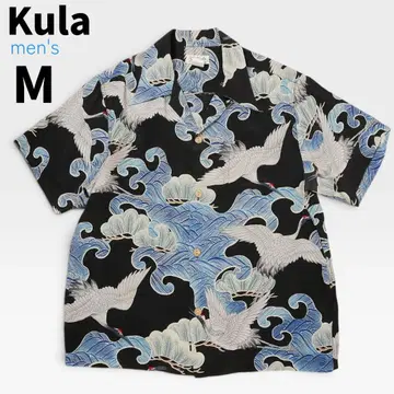 새상품급 [ Kula ] 이터널 하와이안 셔츠 M 실크 100% 학 소나무 블랙
