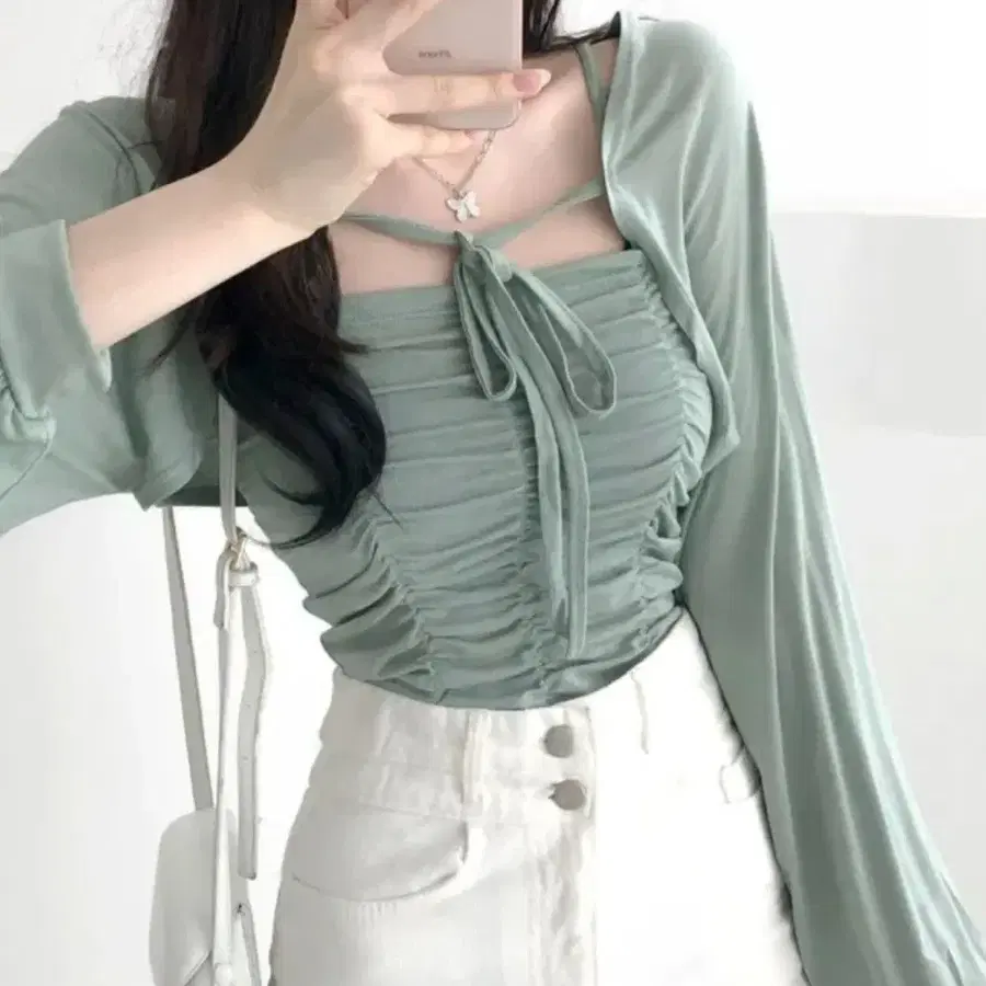 민트색 셔링 크롭탑 가디건 세트