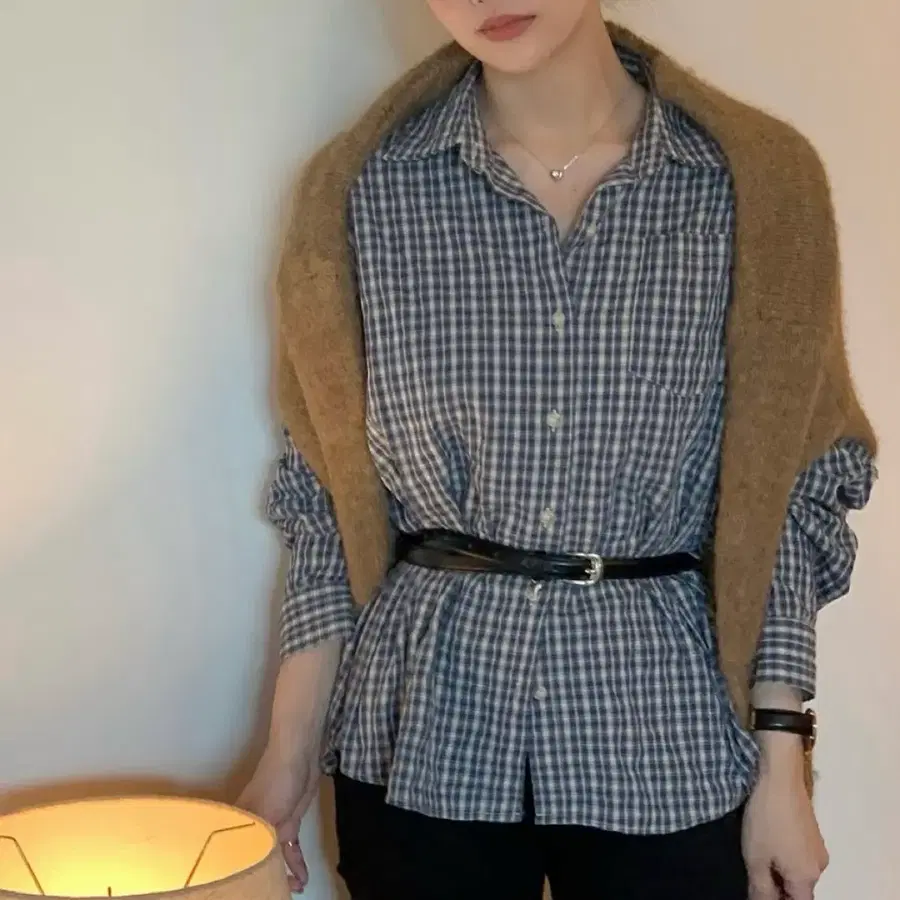 블루 체크 여성 셔츠