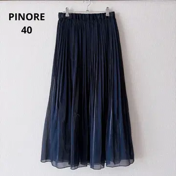 PINORE 플리츠 스커트 롱 스커트 광택감 네이비 40 빅 사이즈