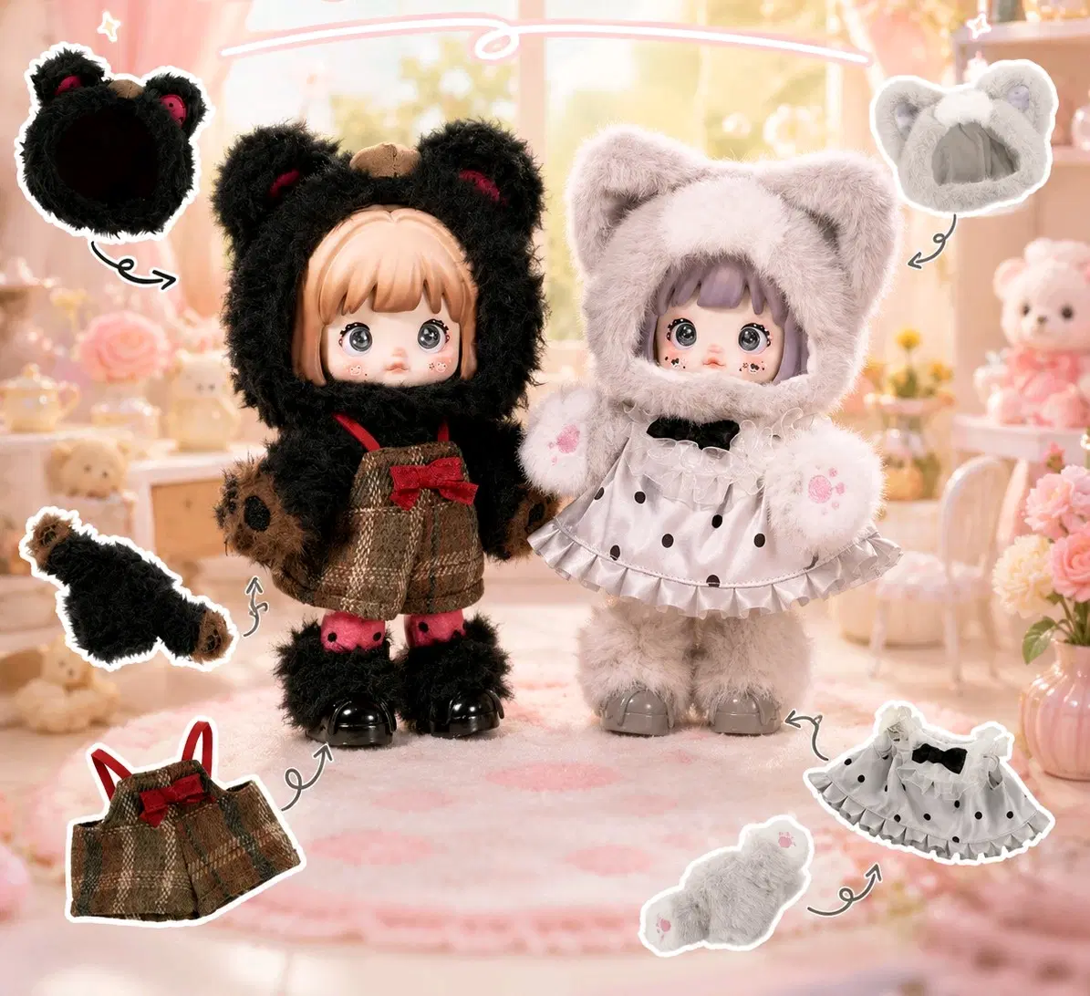 세트) 노미 킹덤 포레스트 강아지&회색고양이 베이비쓰리 관절 피규어 인형