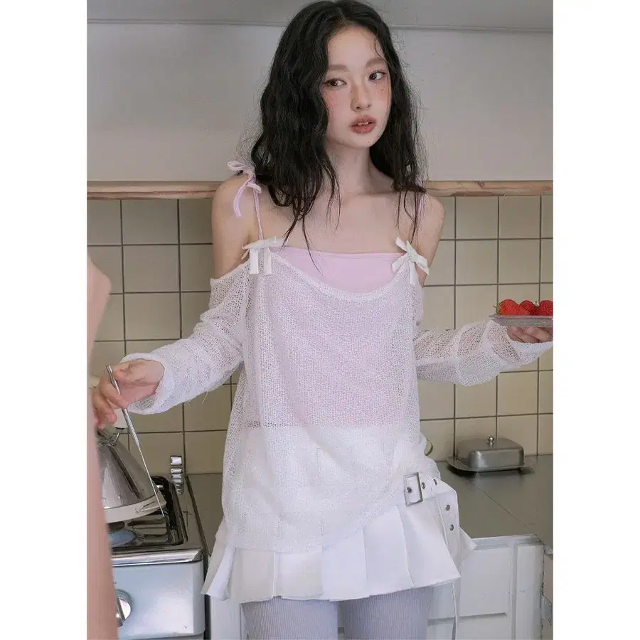 NO NUTS 노넛츠 큐트 윙 오프숄더 메시 커버업 캐미솔 세트