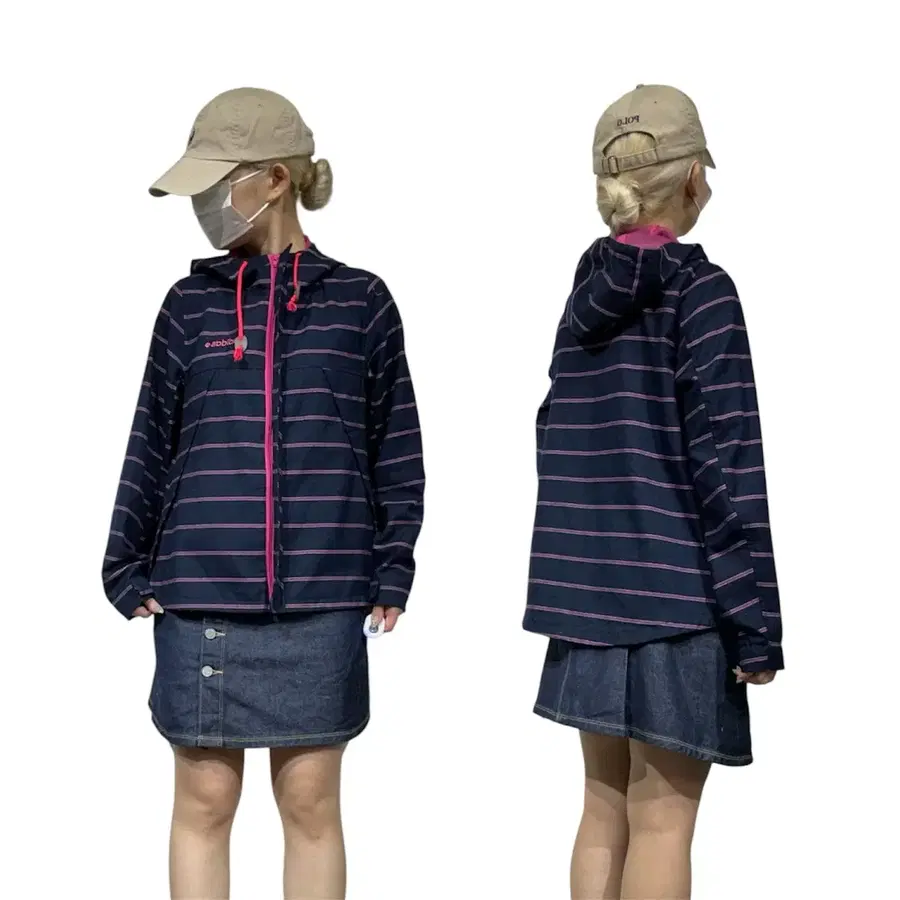 아디다스 네이비 스트라이프 핑크 후드집업 후드 바람막이 자켓 M