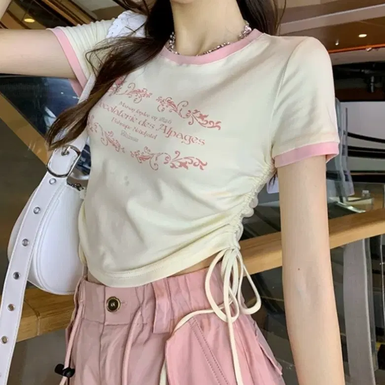핑크&베이지 키치한 무드 반팔 크롭티 (XS, S, M 사이즈)
