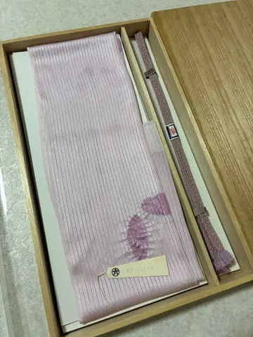 미사용 순수 실크 여름용 명주 오비 장식 천 허리띠 세트 나비 패턴 연한 등색 일본 정통의상 소품
