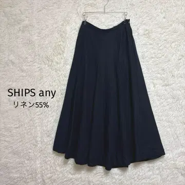 SHIPS any 린넨 혼방 플레어 롱 스커트 블랙 내추럴