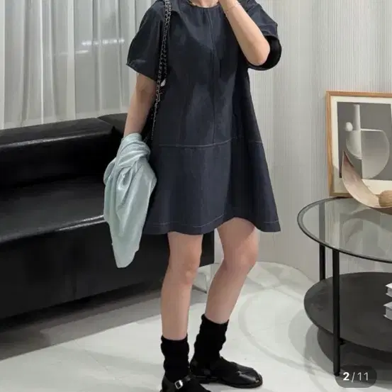 오브더나인 데님 스티치 미니 원피스