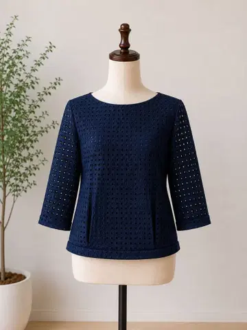 [ 미사용 ] TALBOTS 컷워크 레이스 7부 소매 블라우스 2WAY 네이비