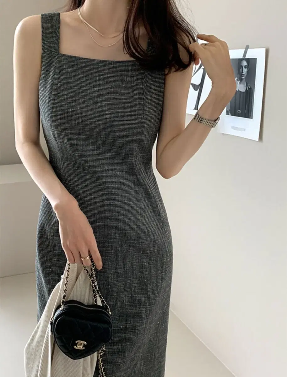 새상품) 데일리룩 DAILYLOOK 샤네르라인트위드 원피스 린넨 블랙 민소매 나시 슬리브리스 스퀘어넥 여름