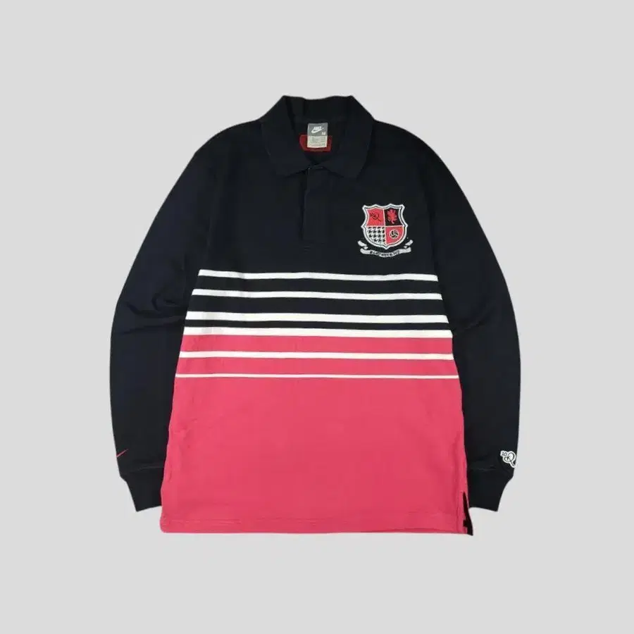 나이키 X 호나우지뉴 00s 블랙 화이트 핑크 배색 스우시 로고 히든버튼 스트라이프 카라넥 헤비코튼 럭비티 긴팔 티셔츠 롱슬리브 M