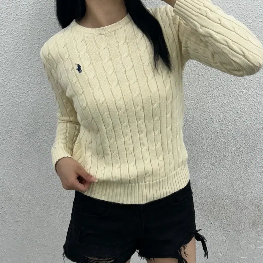 폴로 랄프로렌 네이비포니 아이보리 꽈배기 니트 S