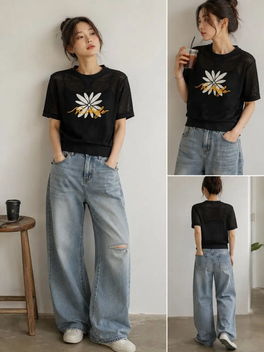 W.ANGLE 블랙 플라워 메쉬 반팔 90