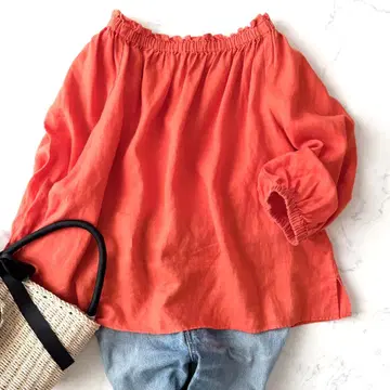 새상품급 저널 스탠다드 린넨 블라우스 프릴 볼륨 소매 오렌지