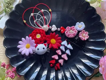시치고산 머리 장식 3세용 빨간색 고양이 포함 풀세트 사전 촬영, 참배용
