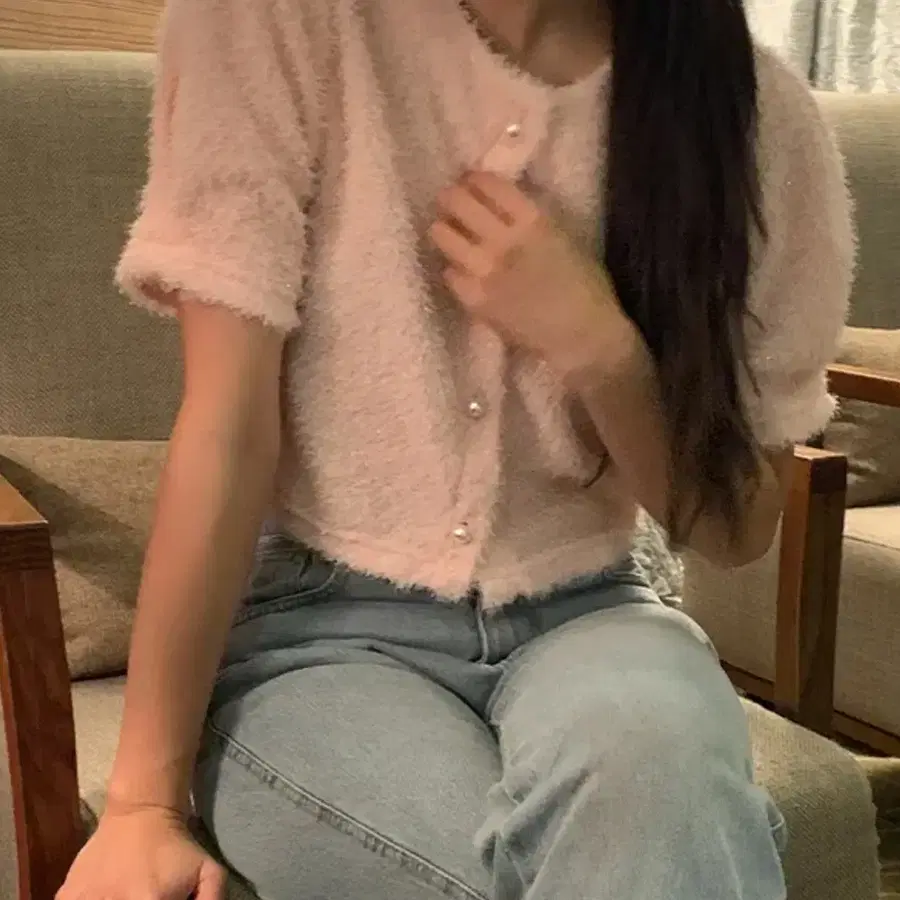 반팔 퍼 가디건 핑크 | 에이블리 옷 처분 | 상태 좋음
