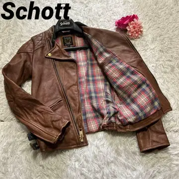 Schott 더블 라이더 자켓 체크 브라운 가죽 클래식
