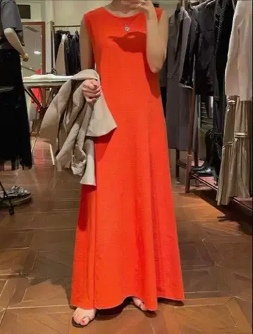 Loungedress 슬리브리스 컷 플레어 롱 원피스 오렌지 M