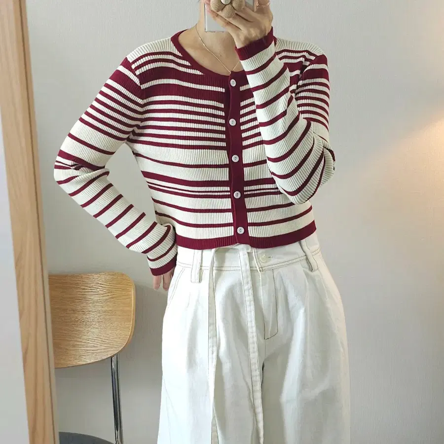 (F)여성 라운드넥 긴팔 단가라 크롭 가디건 W4782