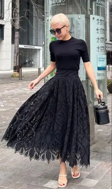 새상품 JENNE 제엔느 전체 레이스 턱 프렌치 스커트 블랙 L