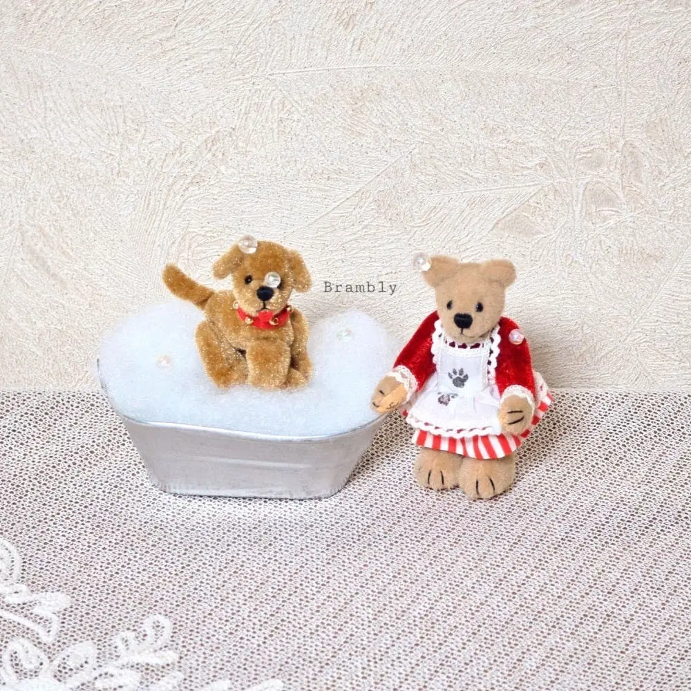 World of Miniature 레어 빈티지 미니어처 테디베어 곰돌이 강아지 목욕 버블 소품 인형 장식 조인트 수집