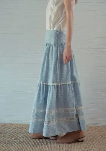아우어노스텔지아 Mora Lace Check Tiered Skirt_Light Blue M size