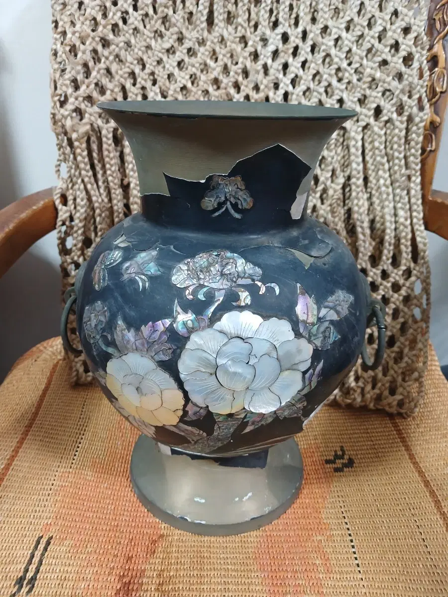 골동 고미술 진품 고급 자개 옺칠 장식 앤틱 금동 화병 신주 구리 브론즈