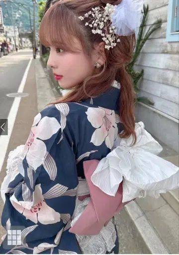 여성용 유카타 오비 세트 네이비 꽃무늬