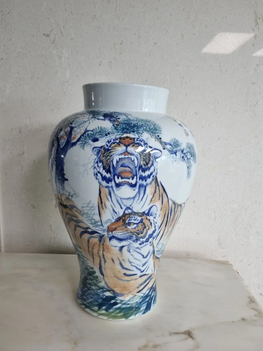 46cm 대형/한시 소장품] 청화채색 맹호도 백자 항아리 도자기