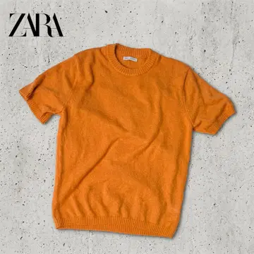 ZARA 워셔블 코튼 반팔 니트 오렌지 크루넥 M